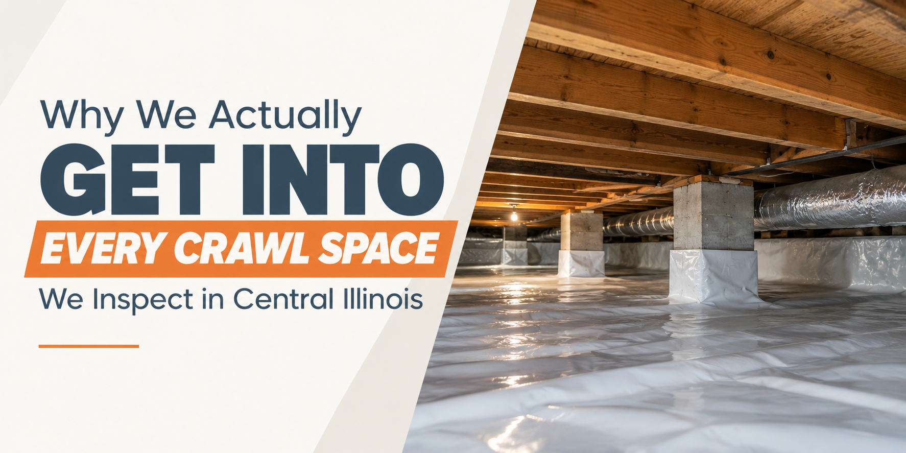 Plumber advertising card: “We Actually Get Into Every Crawl Space” over a crawl space photo, Central Illinois