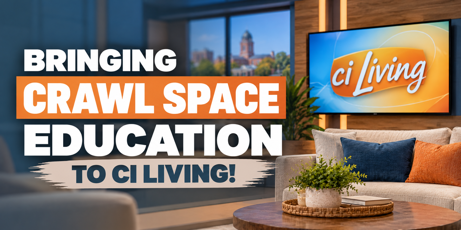 Couch, TV, and bold text reading “Bringing Crawl Space Education to ciLiving” in a modern living room