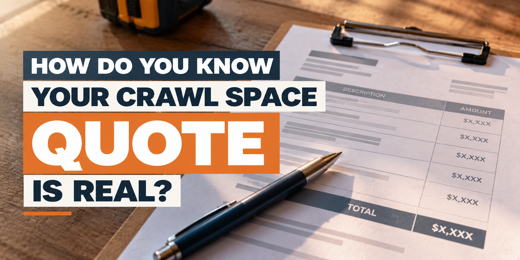 Text graphic asking, “How do you know your crawl space quote is real?” with clipboard and pen