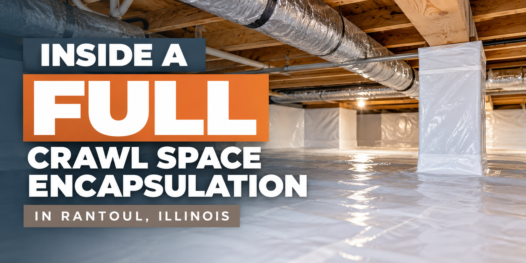 Crawl space under house covered with plastic sheeting; text reads “Inside a full crawl space encapsulation in Pantoul, Illinois”