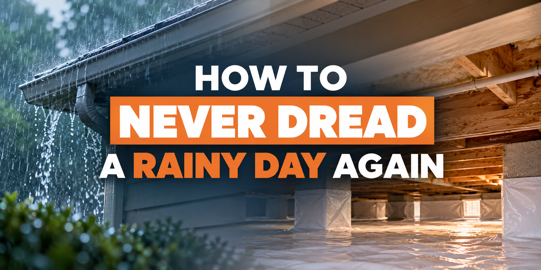 Promotional graphic reading “How to Never Dread a Rainy Day Again” over a rainy house exterior