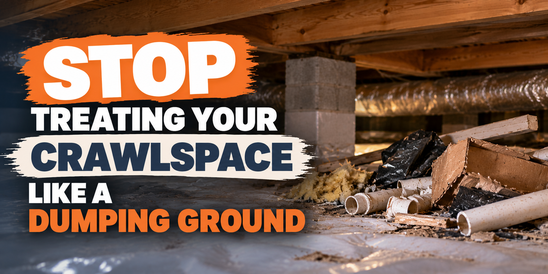 Stop treating your crawlspace like a dumping ground over a messy crawlspace debris scene