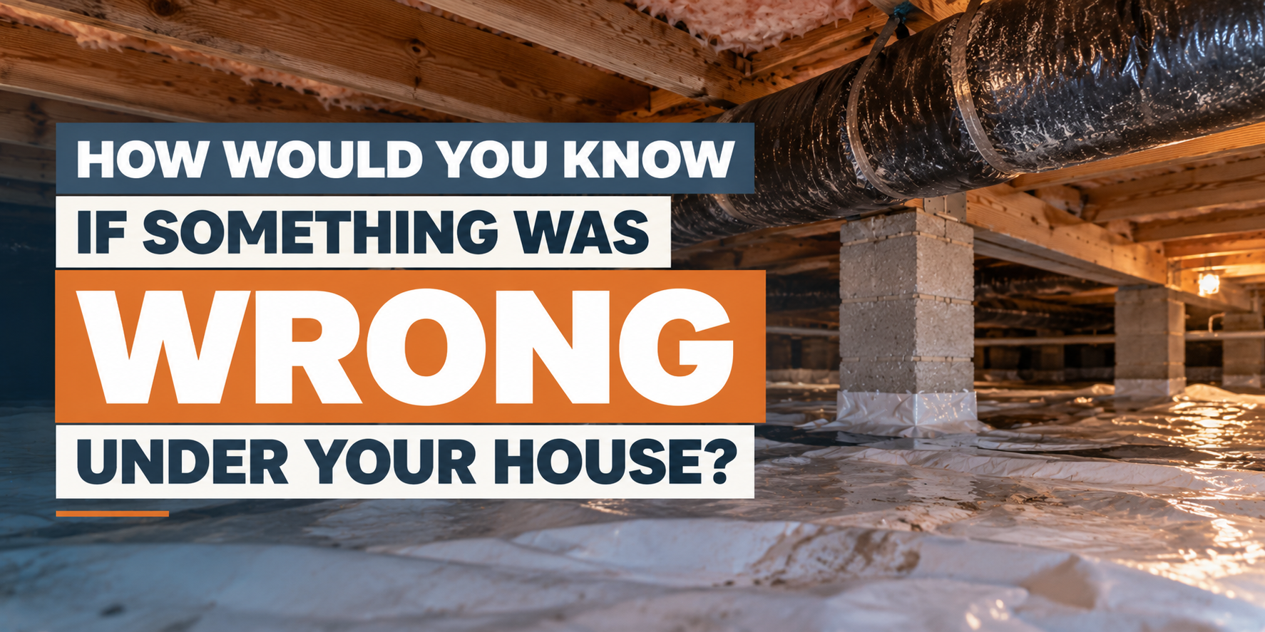 Flooded crawl space beneath a house with bold text: “How would you know if something was wrong under your house?”
