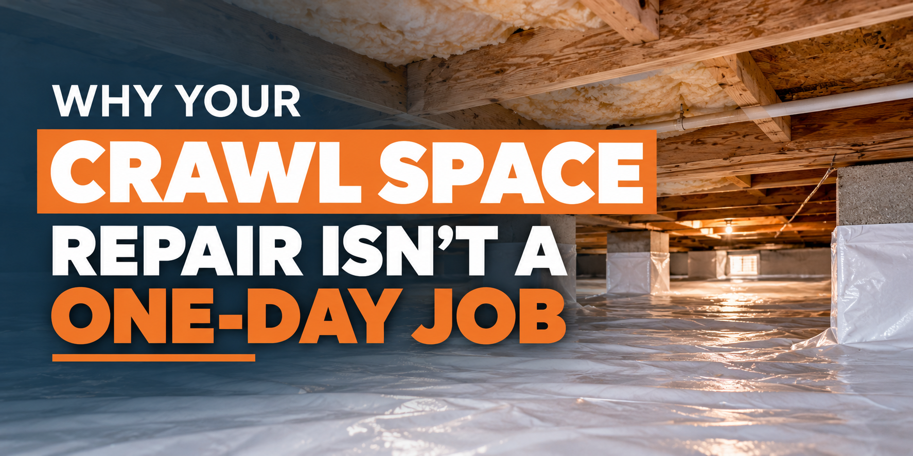Crawl space under a house with bold text: “Why your crawl space repair isn’t a one-day job”