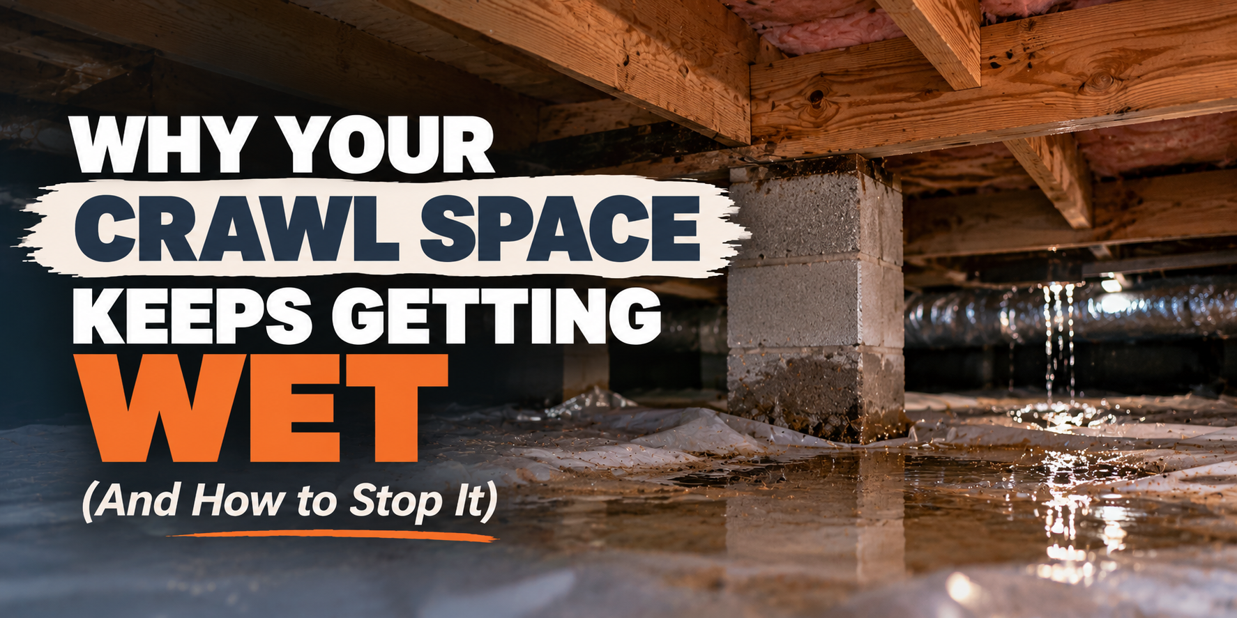 Flooded crawl space with text: “Why your crawl space keeps getting wet (and how to stop it)”
