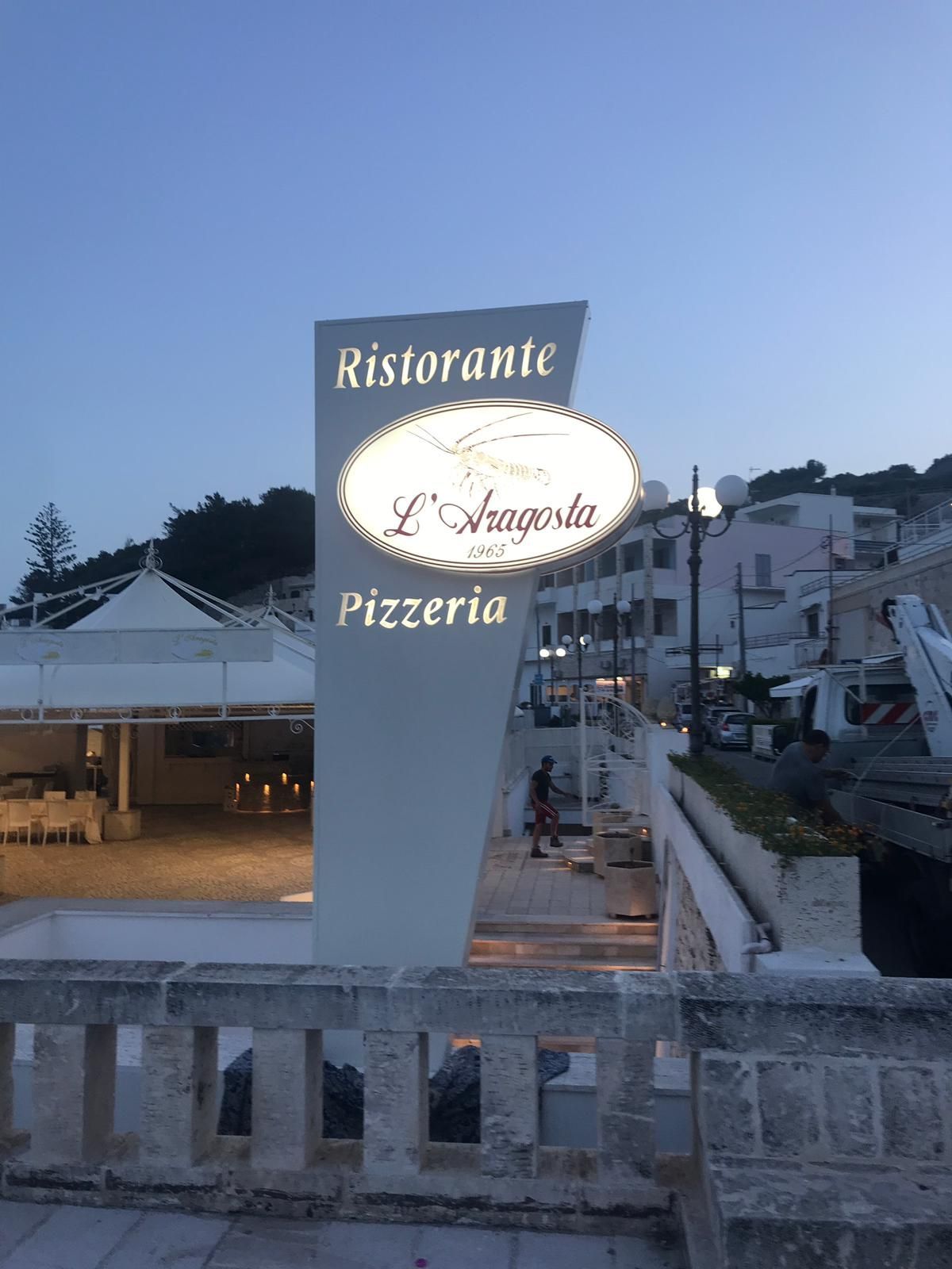 Insegna del ristorante "L'Angolo Pizzeria" al tramonto; sullo sfondo si vedono l'edificio e le persone.