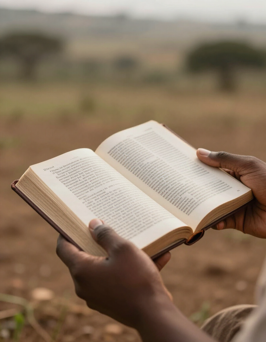 Open hands holding an open Bible in warm morning light