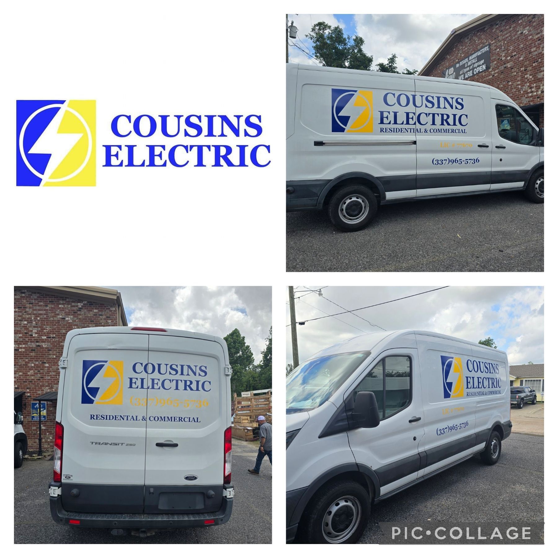 A cousins electric van is parked in front of a brick building