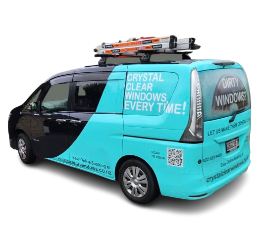 A teal and black window cleaning van with 