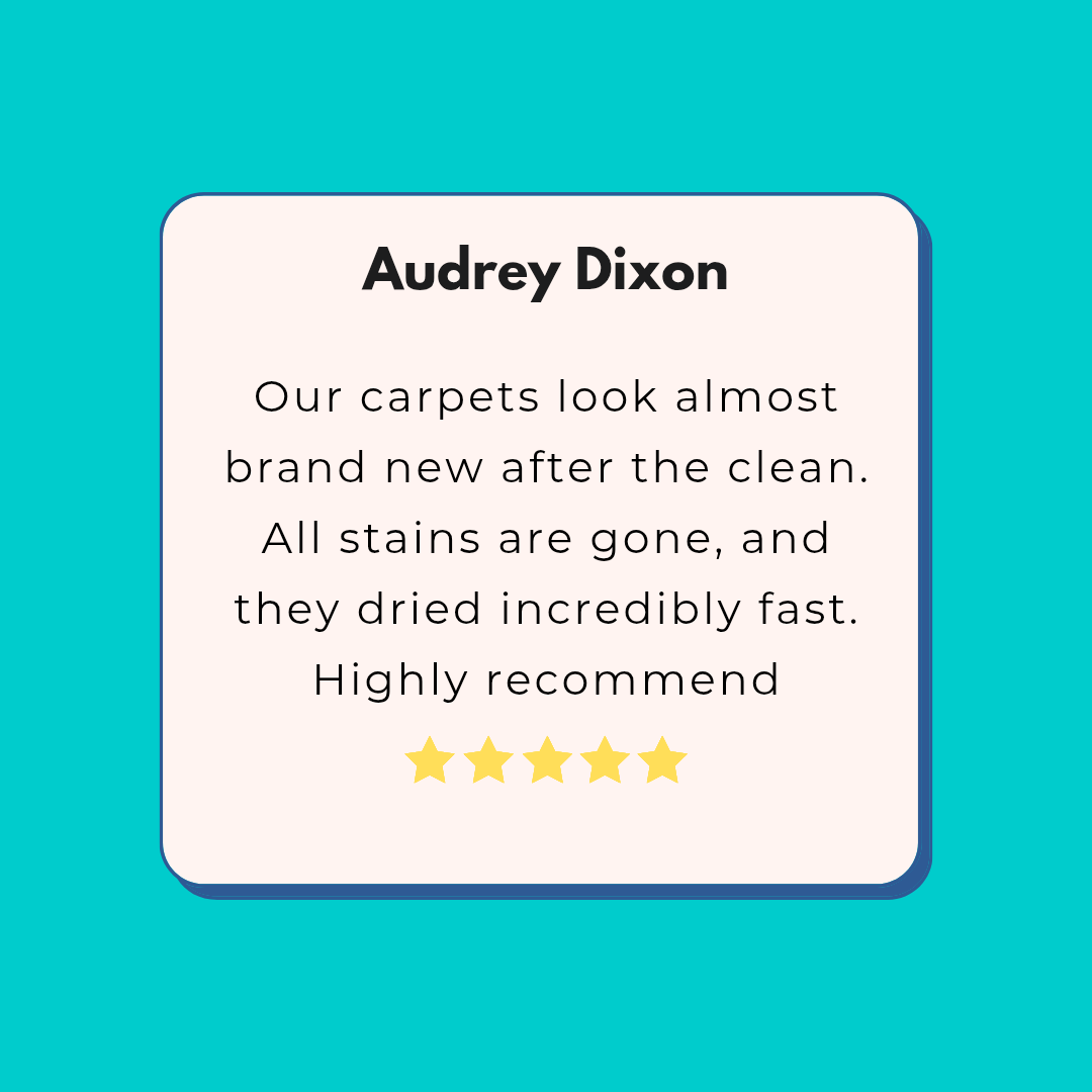 Customer review card on teal background praising carpet cleaning, with five gold stars.