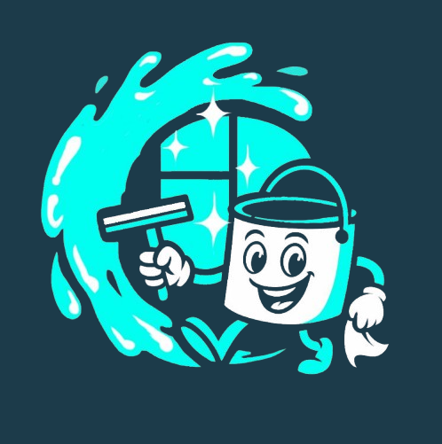 Cartoon cleaning logo: smiling bucket with brush inside a blue water splash, with a window behind it
