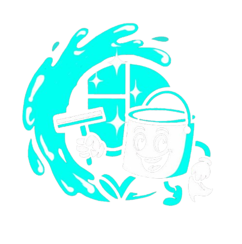 A cartoon-style cleaning logo with a window, bucket, and cleaning supplies surrounded by water splash.