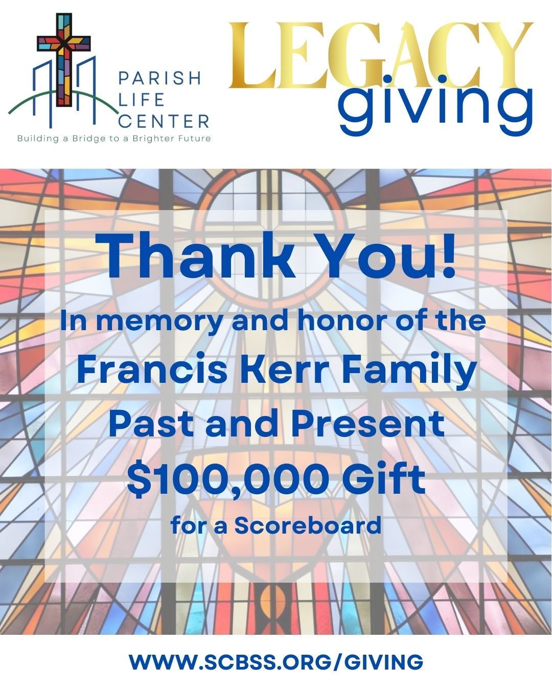 A special thank you to the Charlene and Francis Kerr Family for their incredible $100,000 leadership gift! Their generosity is helping us build a Parish Life Center that will serve our parish and school for generations to come.