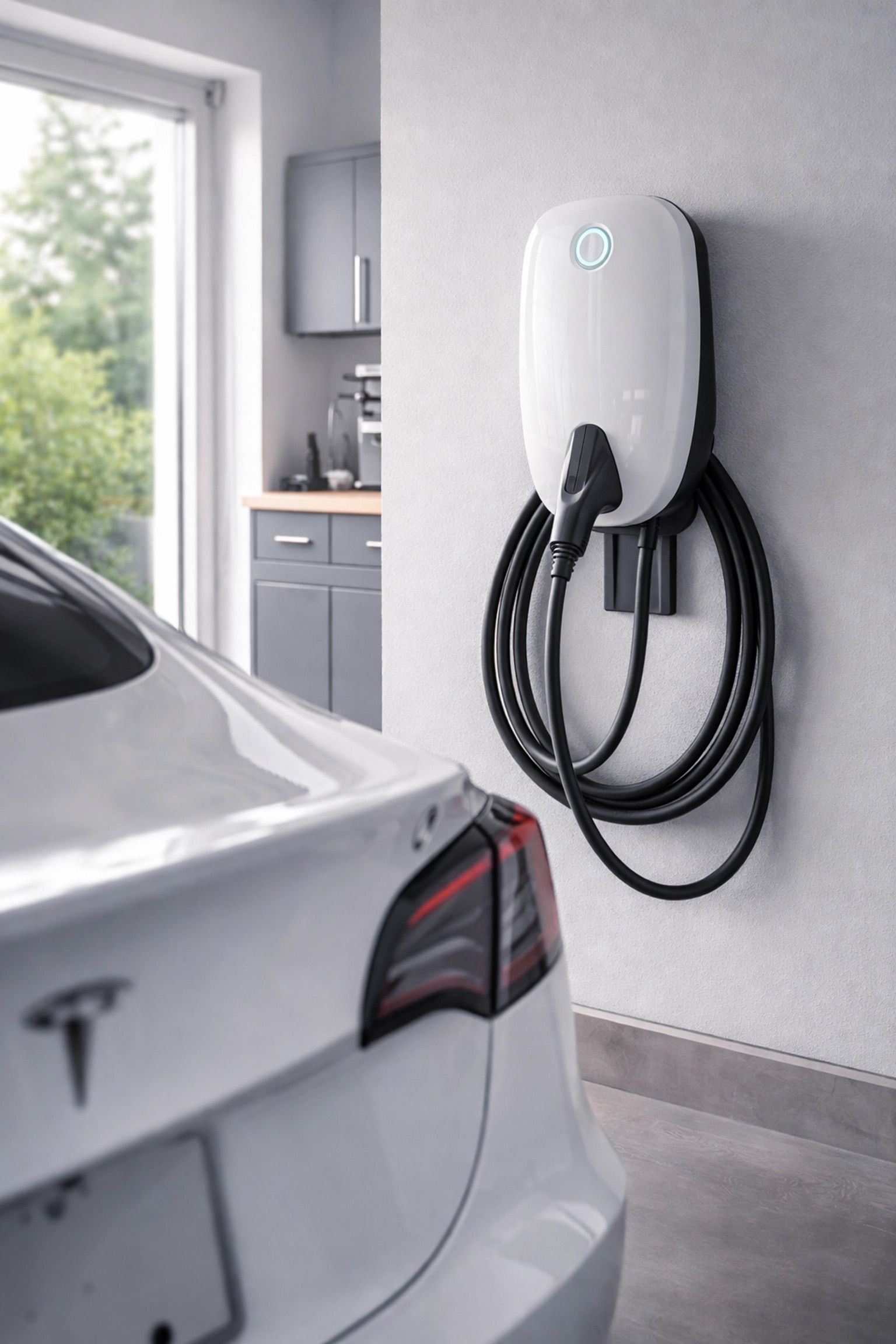 White Tesla charging at a wall-mounted EV charger in a garage.