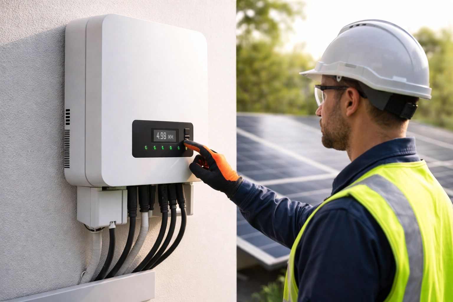 Technician in hard hat checks solar inverter control panel outdoors