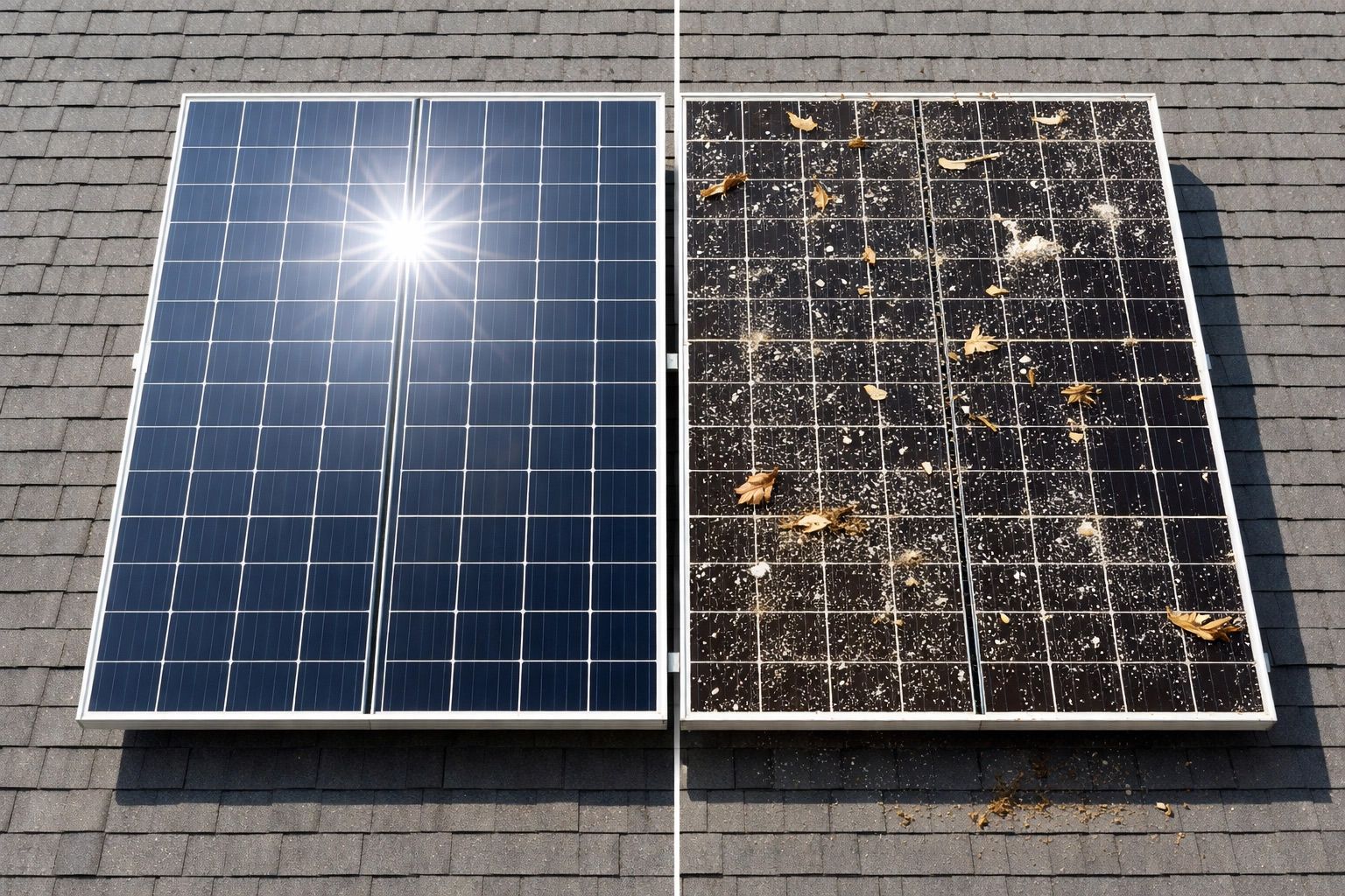Two rooftop solar panels, one clean and one dirty and weathered, side by side under sunlight.
