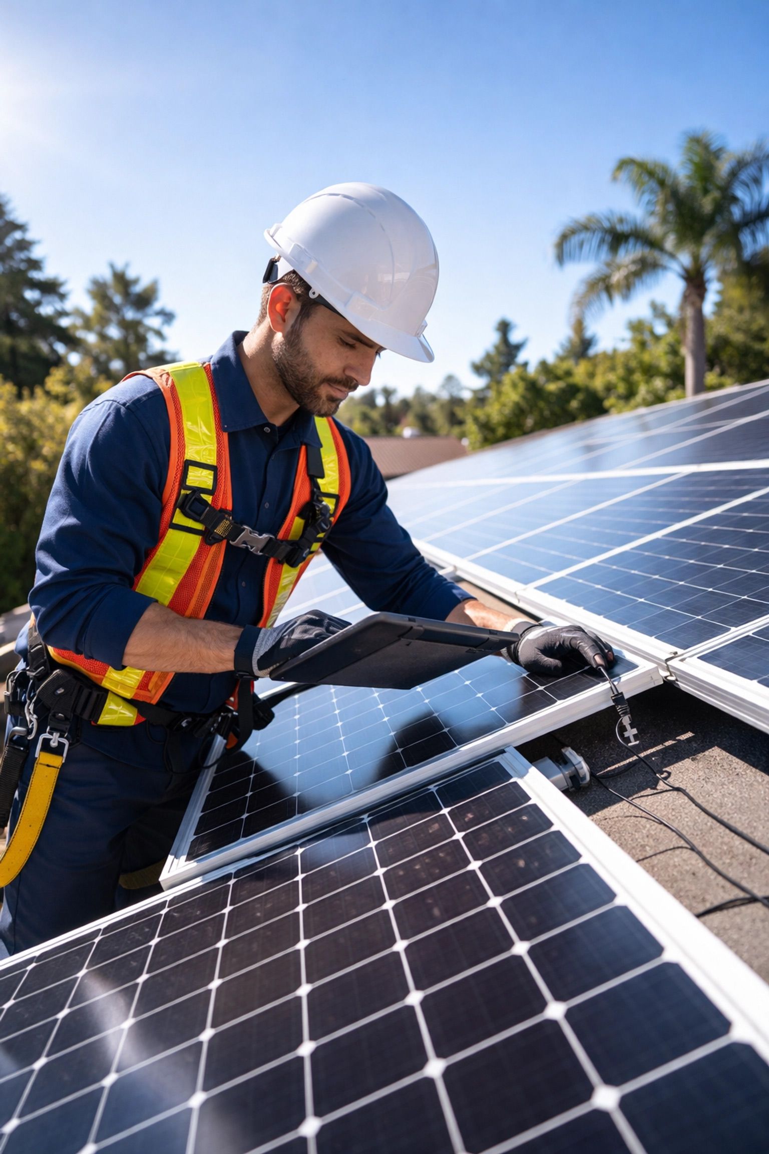 Worker in hard hat inspecting rooftop solar panels with tools on a sunny day