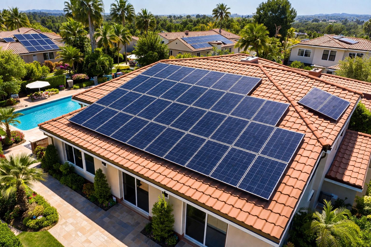 House roof covered with solar panels in a sunny suburban neighborhood, with a pool and palm trees nearby