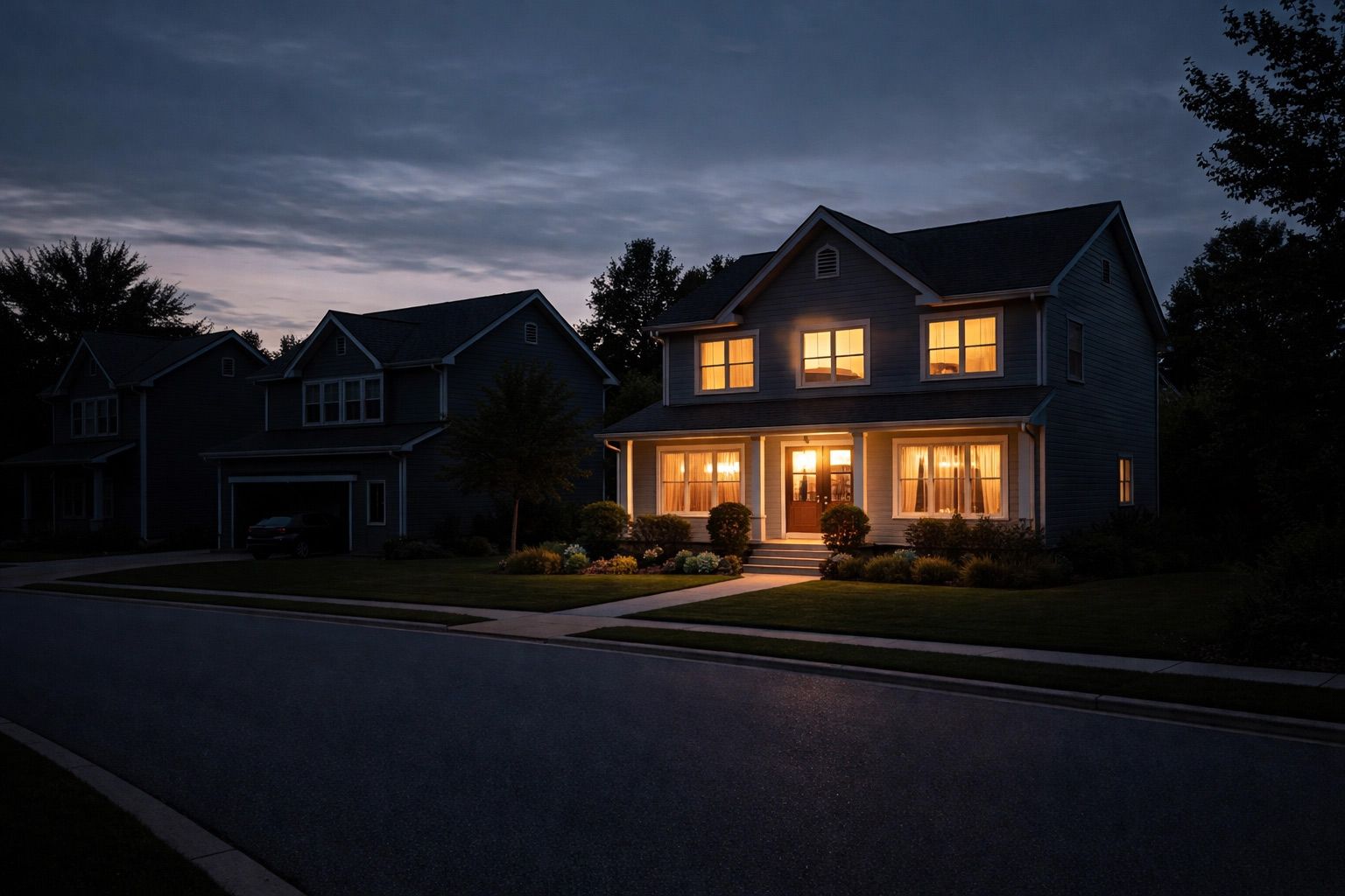 Suburban house at dusk with warm lights glowing in the windows and porch