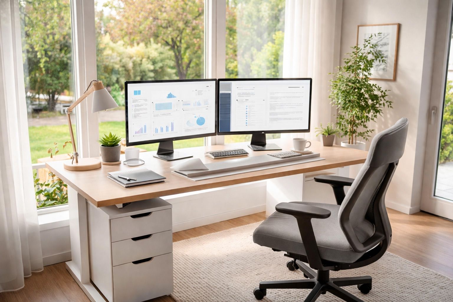 Bright home office with dual monitors, desk lamp, drawers, and a black ergonomic chair by a window.