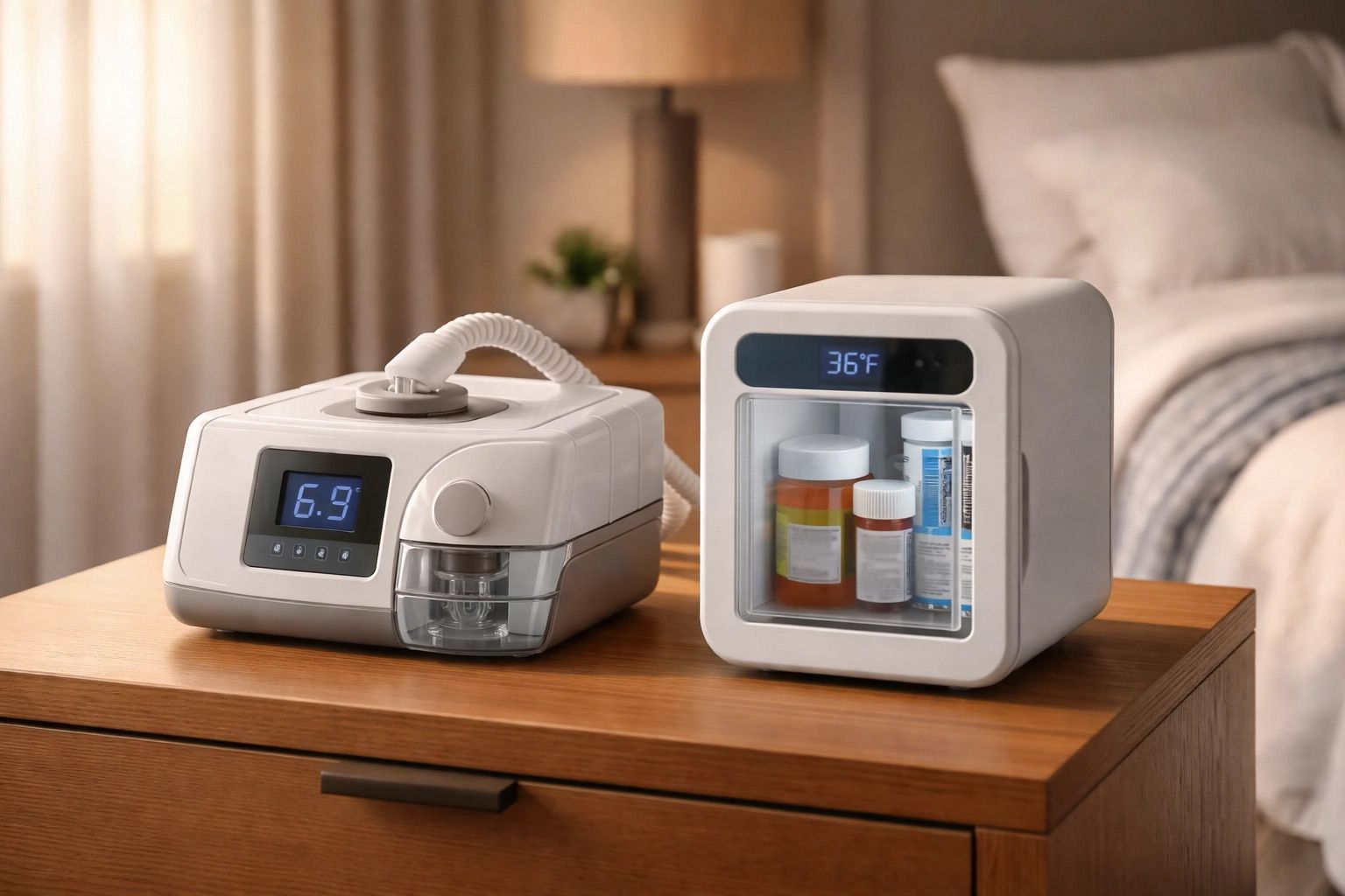 Two white medical devices on a bedside table in a softly lit bedroom, one with a display and one with bottles inside.