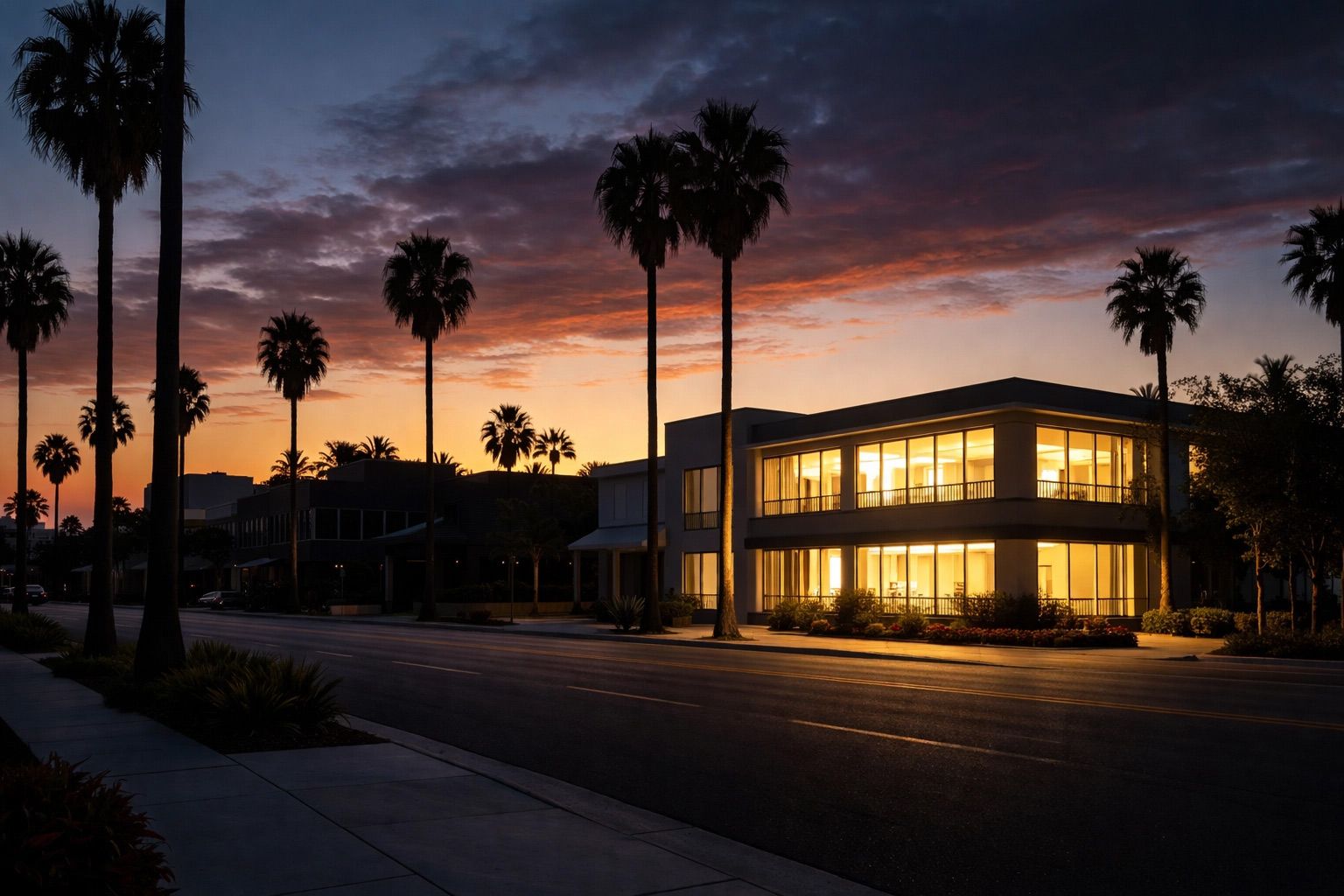 Sunset-lit modern building with glowing windows, palm trees silhouetted against a twilight sky.