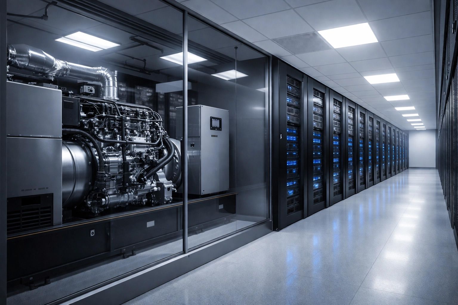Modern data center hallway with glass-enclosed servers and industrial equipment under bright ceiling lights