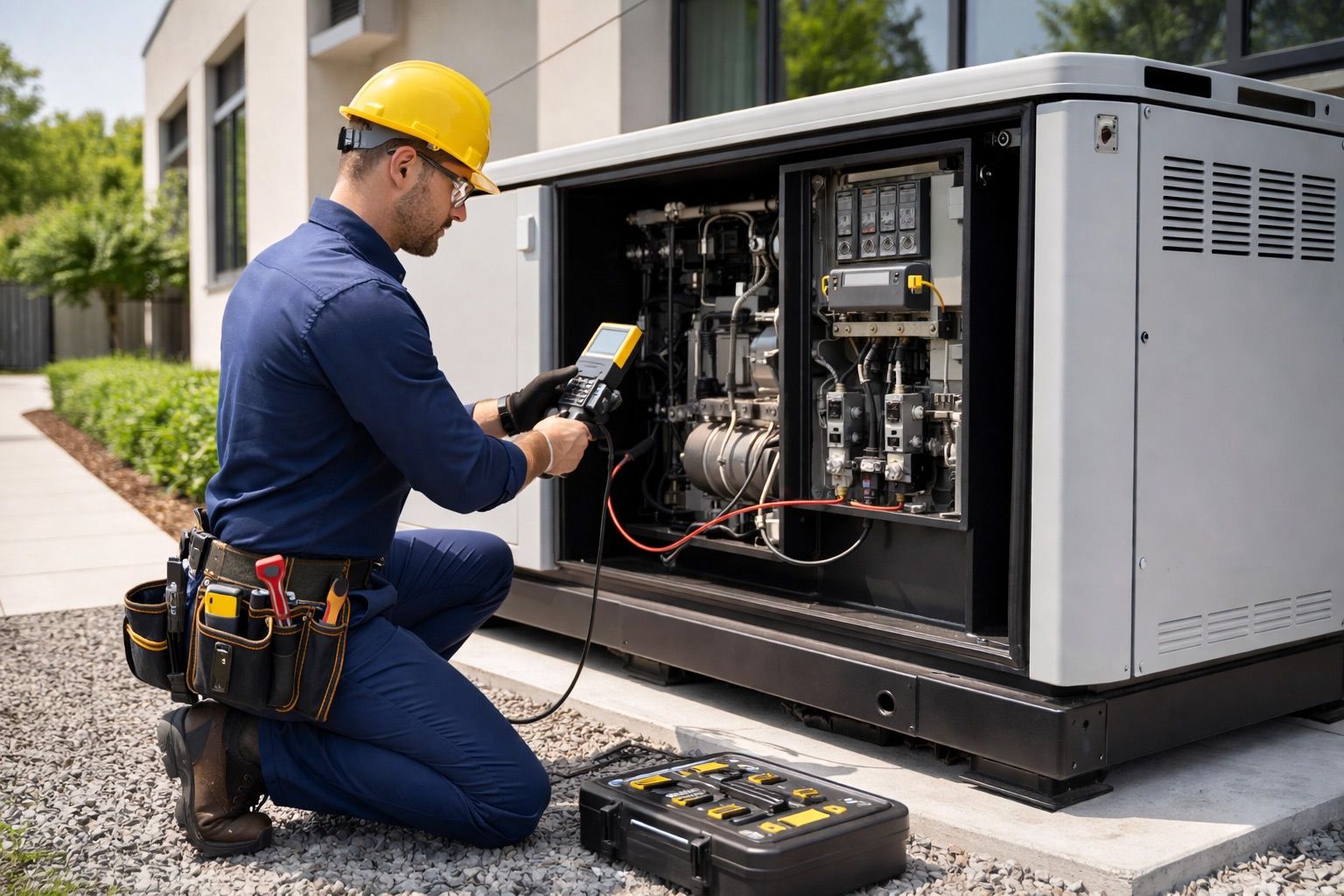 Technician in a hard hat inspecting an open industrial generator outdoors