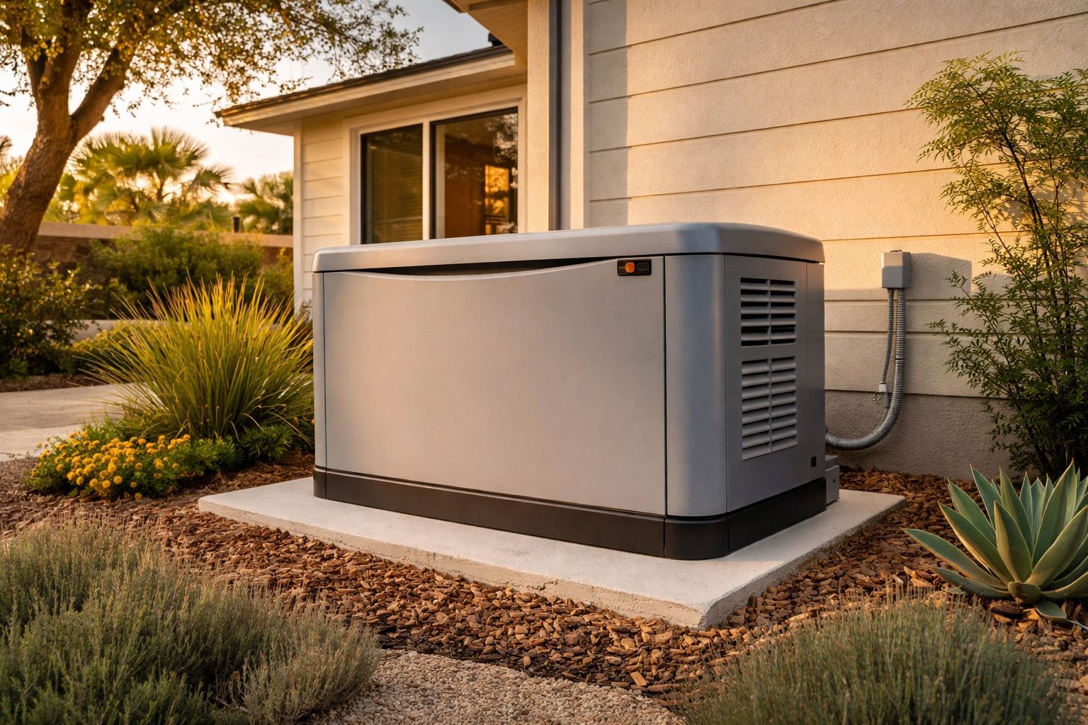 Large gray home standby generator beside a house in a landscaped yard