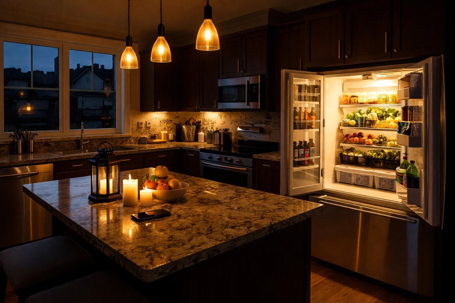 Dim kitchen with lit island candles and an open refrigerator glowing at night