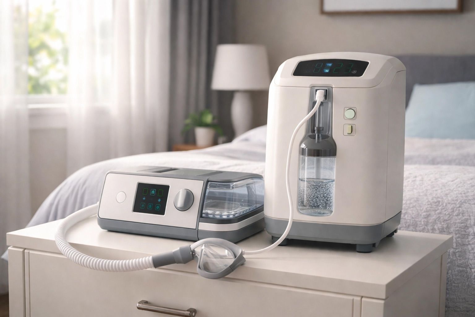CPAP machine and humidifier on a bedside table in a softly lit bedroom