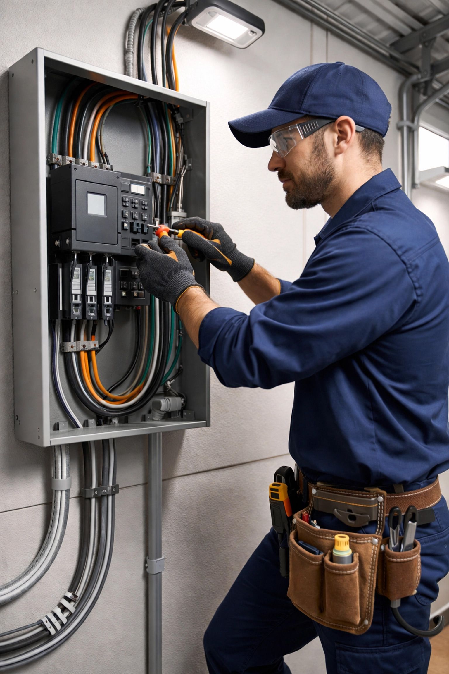 Technician wiring an open electrical panel with tools in an industrial room