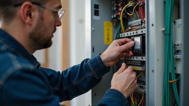 Technician adjusts wiring in an open electrical control panel inside a utility cabinet.