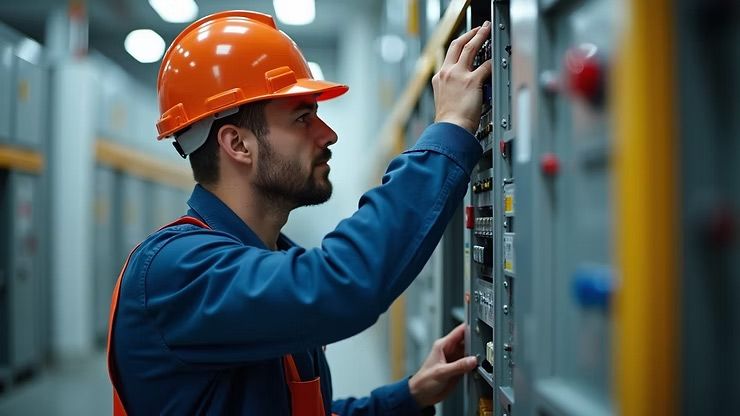 Technician in orange hard hat inspecting control panel in an industrial facility