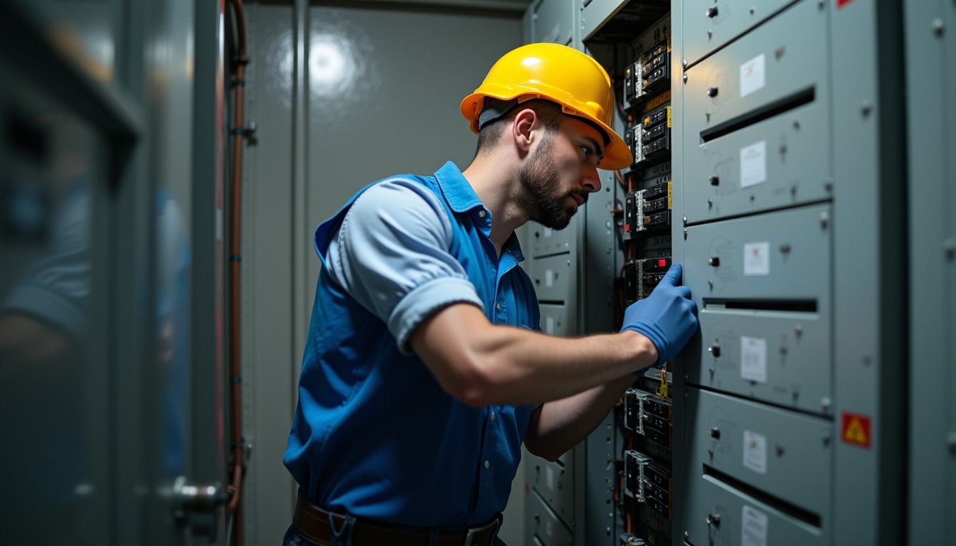 Technician in yellow hard hat inspecting electrical panels in an industrial control room