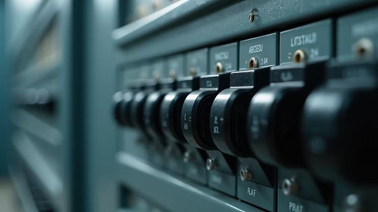 Close-up of black circuit breakers on a control panel with teal-gray labels and switches