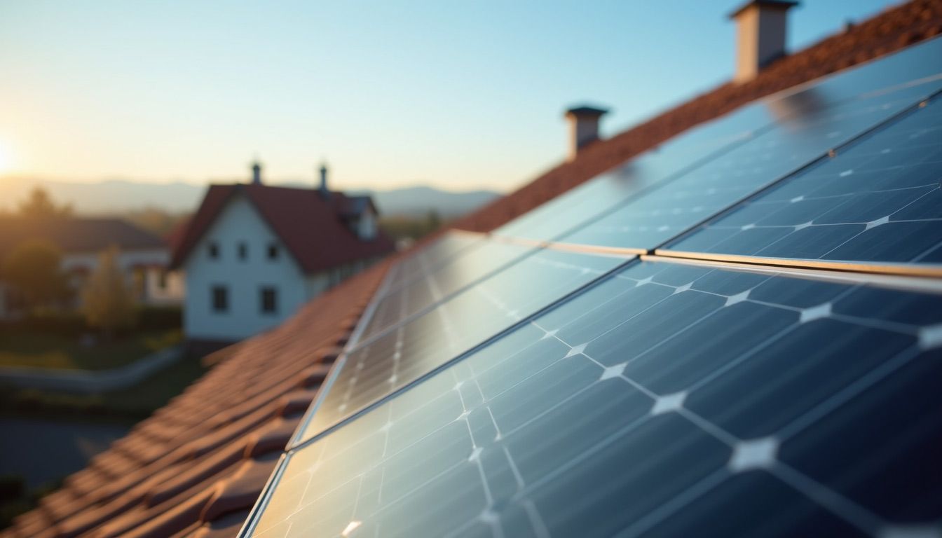 Solar panels on a rooftop at sunrise with a house and warm golden light in the background