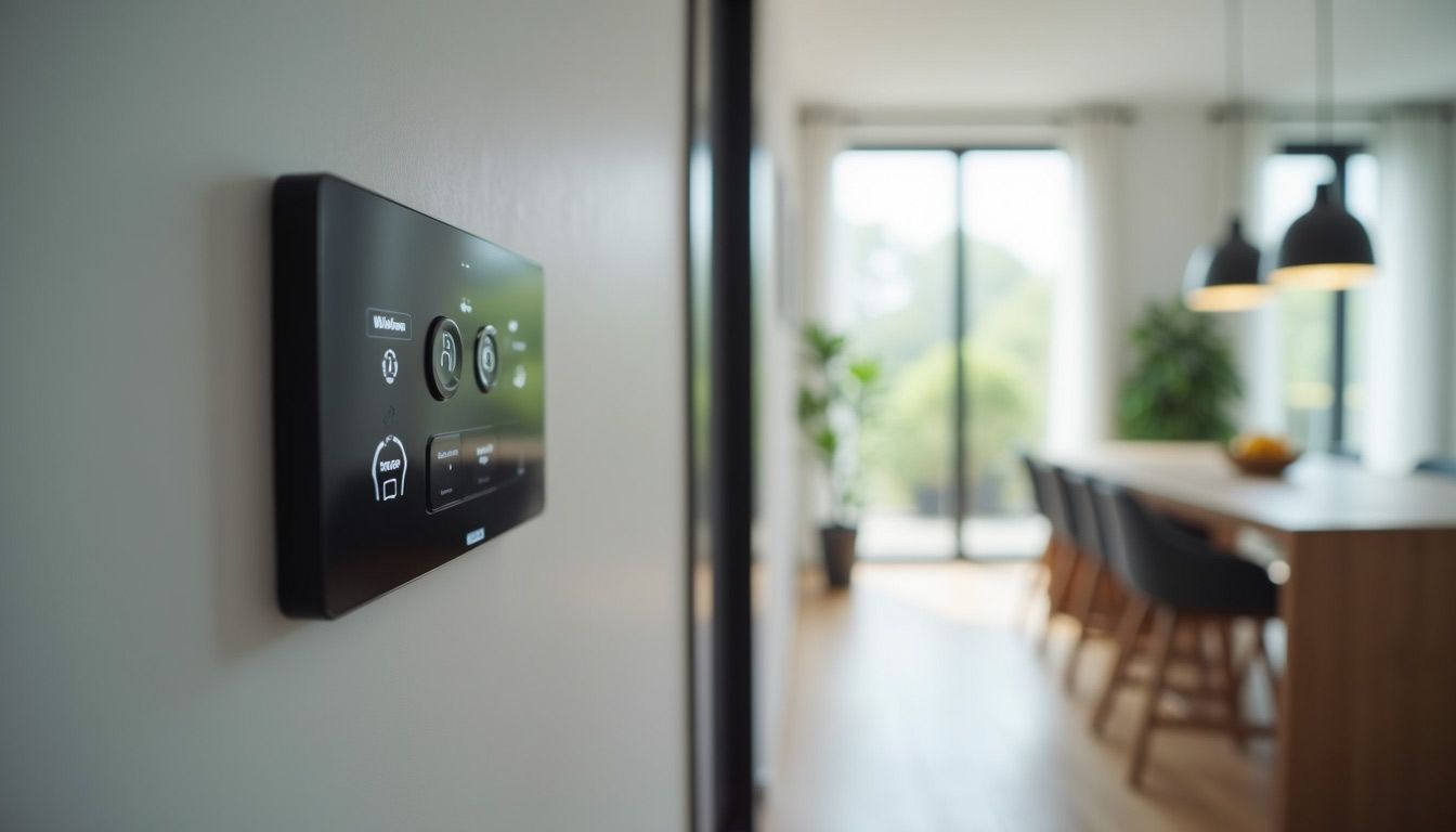 Modern thermostat on a wall overlooking a bright kitchen and dining area