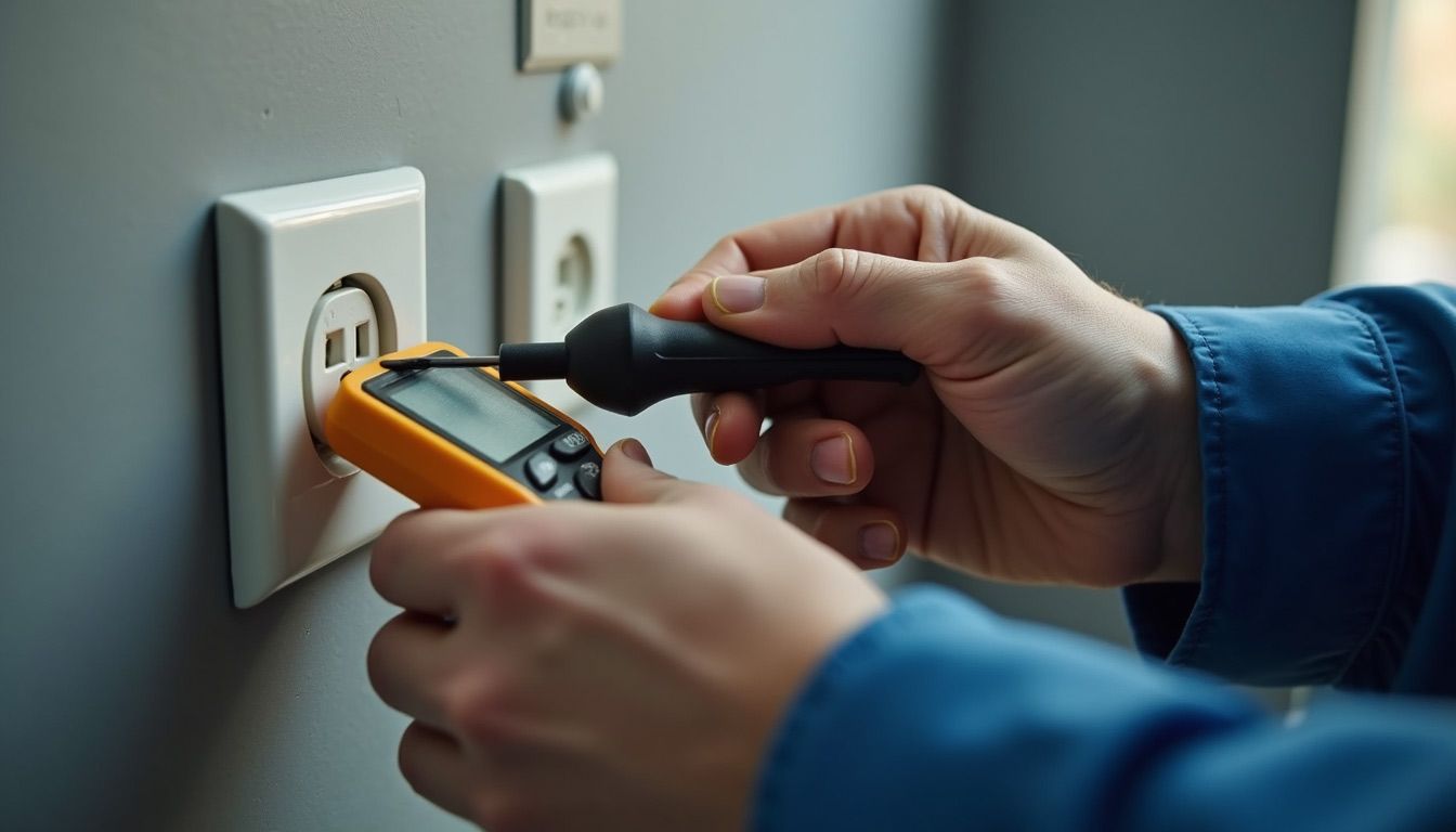 Hands using a multimeter to test an electrical outlet on a wall