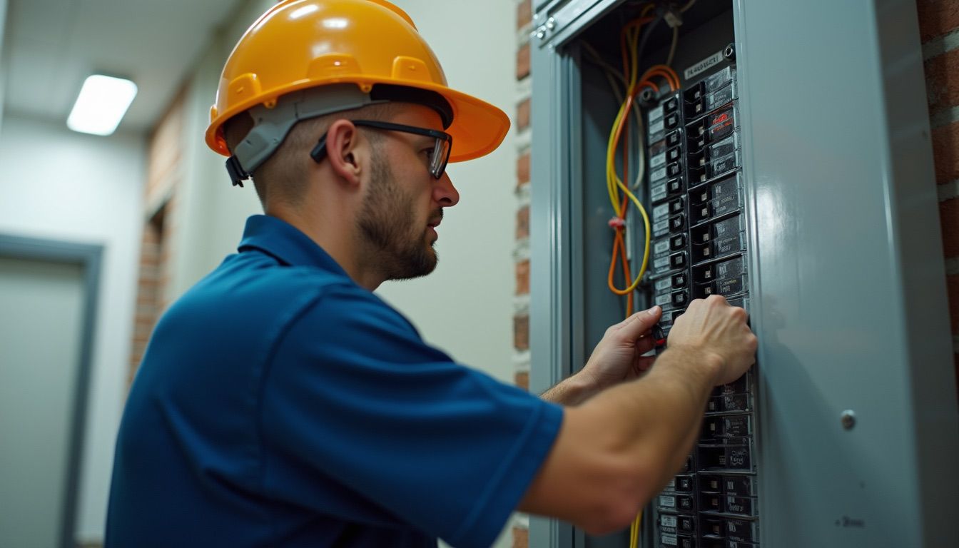 Electrician in orange hard hat wiring an open electrical panel in a utility room
