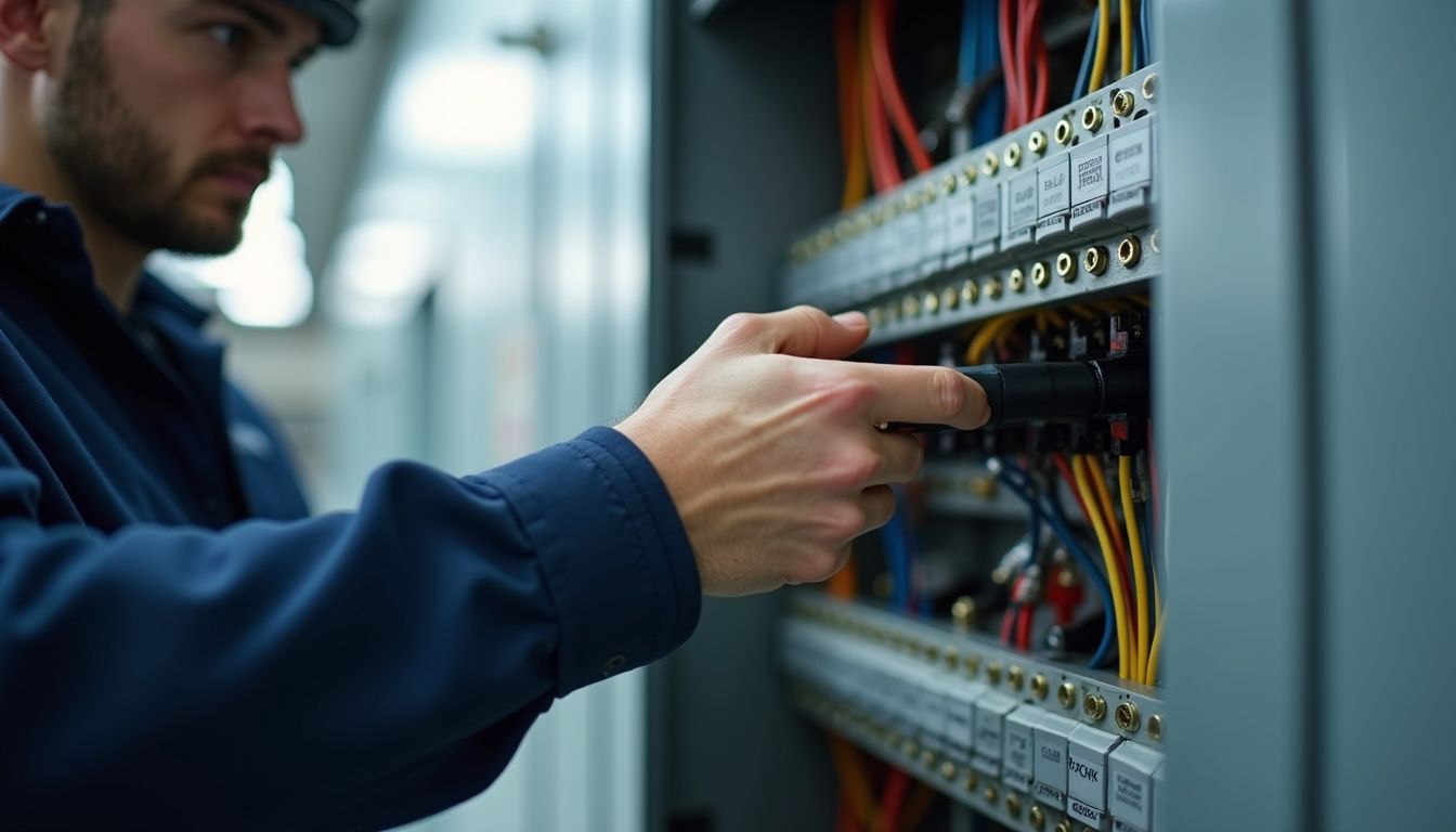 Technician testing wiring in an electrical control panel with multicolored cables and terminals