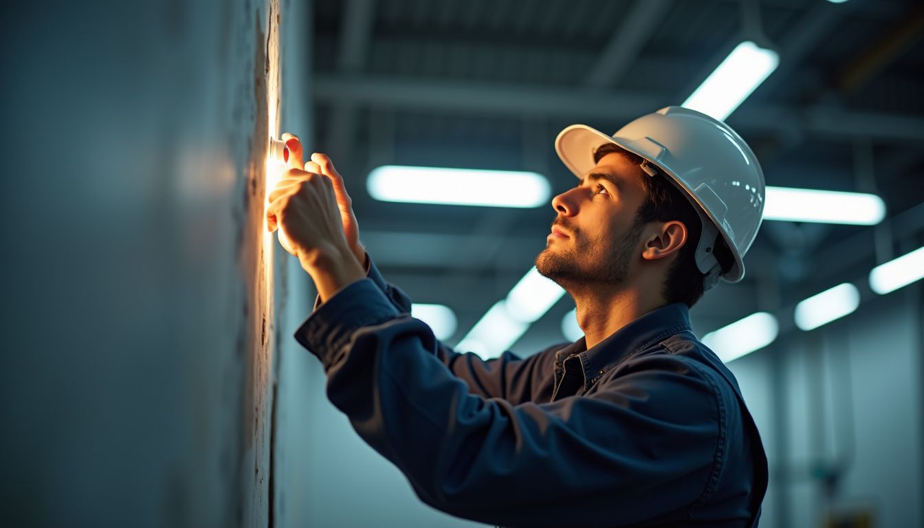 Technician in a hard hat inspecting a wall panel in a dim industrial interior