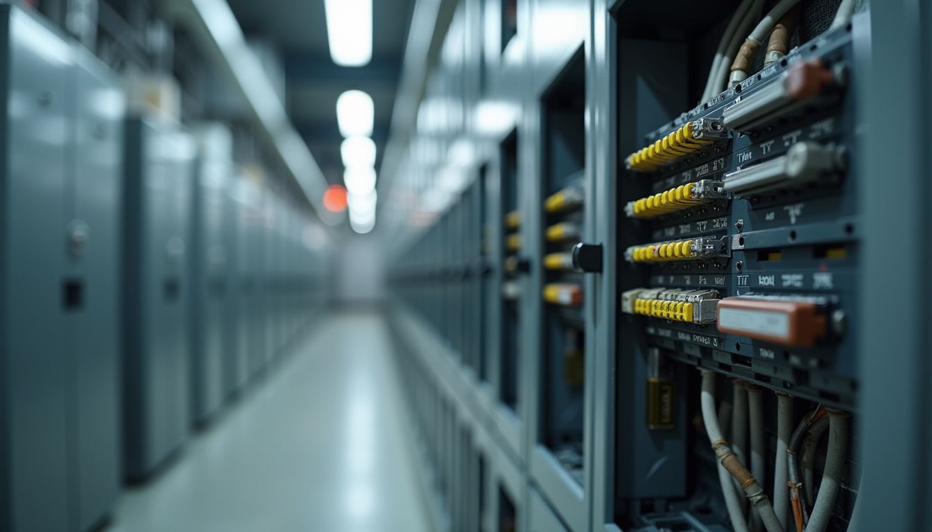 Rows of server racks in a blurred data center corridor, with cables and network equipment visible on the right.