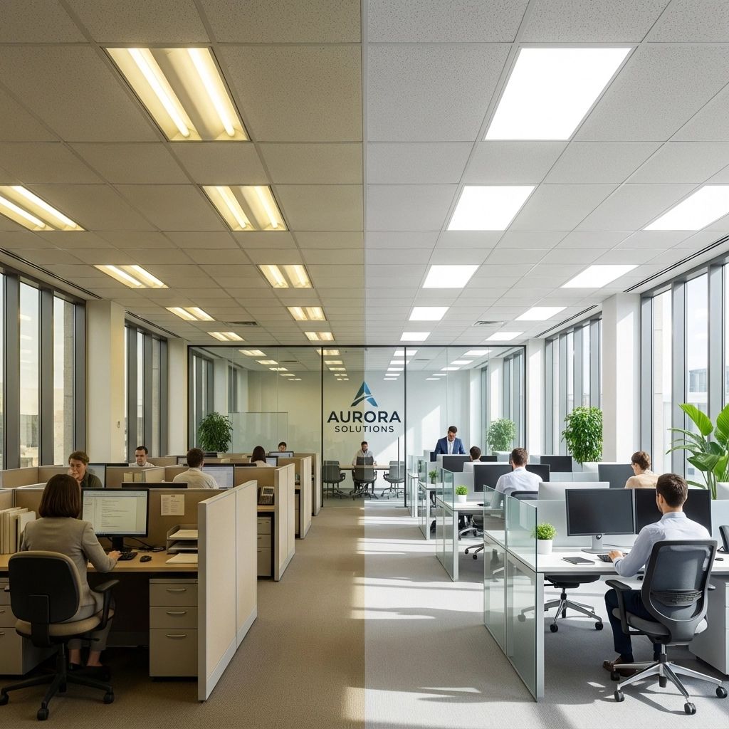 Bright open-plan office with people working at desks and large windows along the walls.