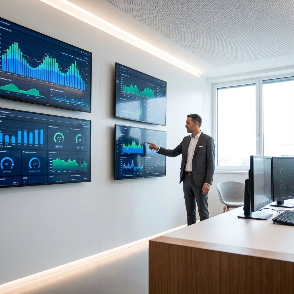 Man in a modern office points at wall-mounted data dashboards on large screens.