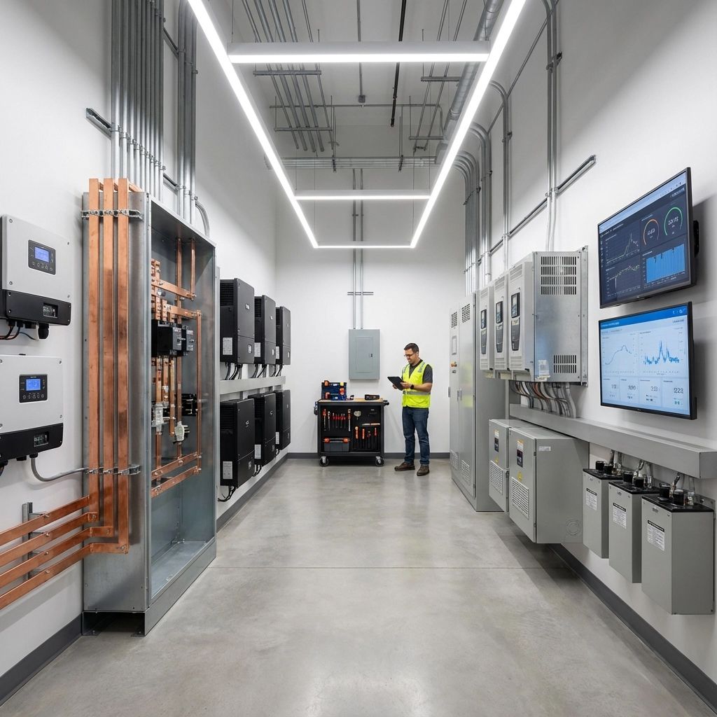 Industrial electrical control room with wall-mounted monitors, equipment cabinets, and a technician in a high-visibility vest