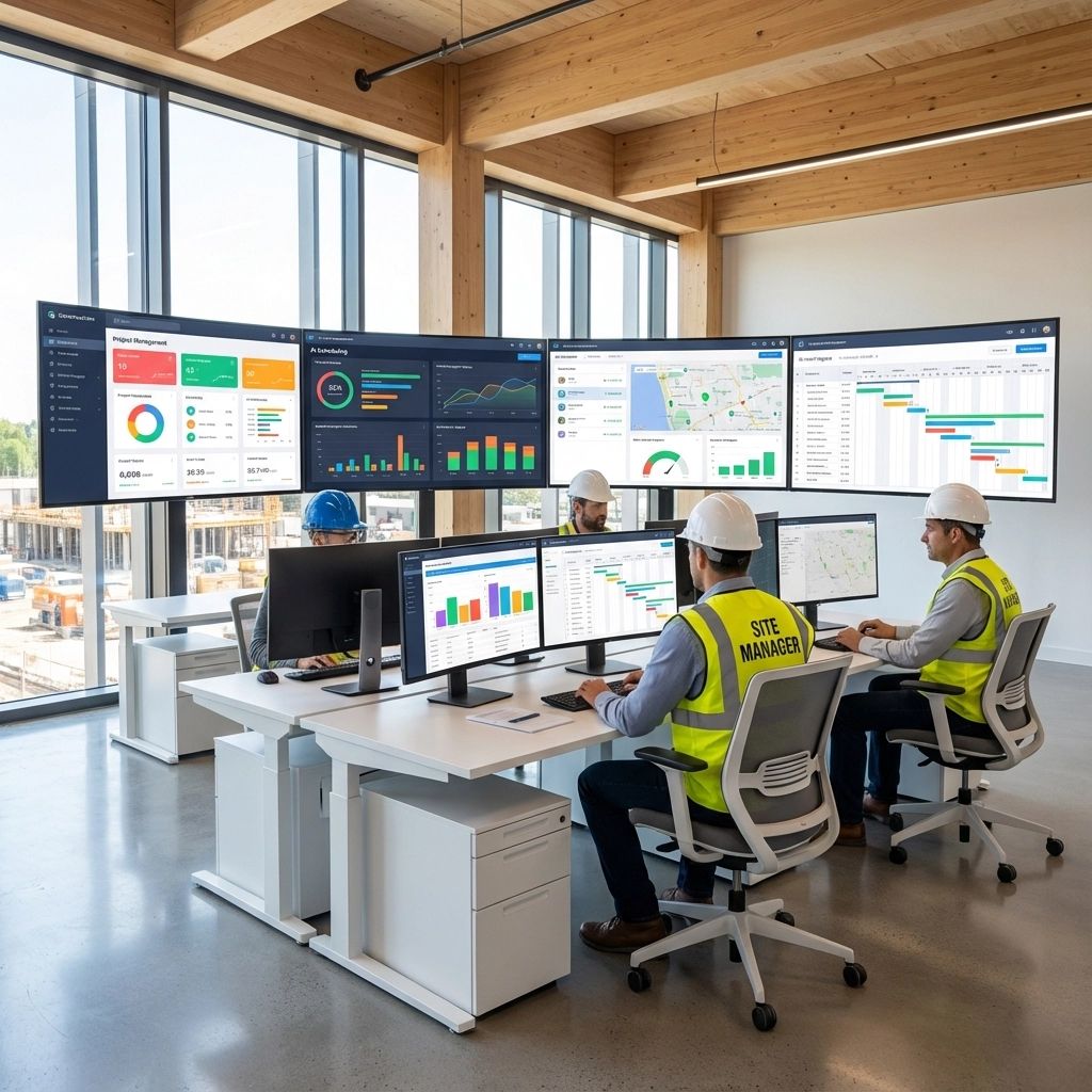 Industrial control room with workers monitoring multiple large dashboards and data screens