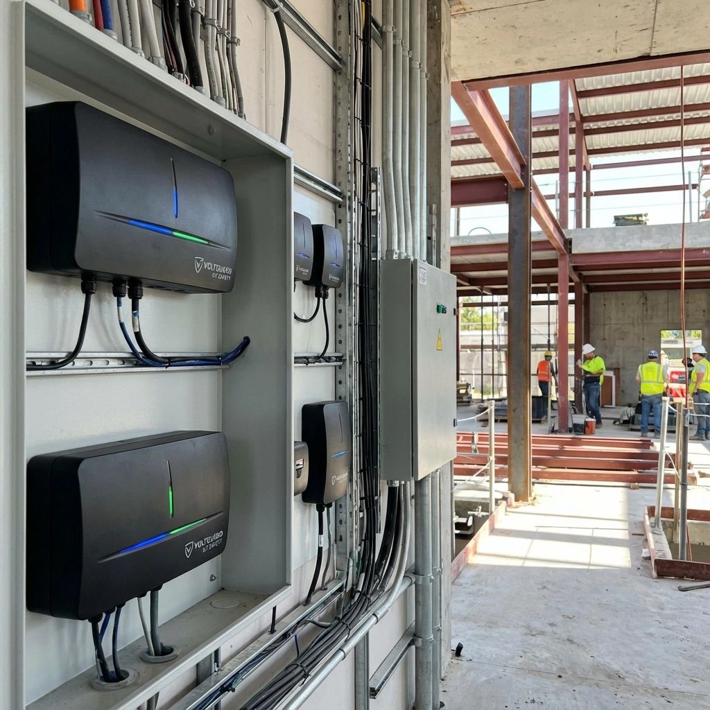 Electrical panels in a building under construction, with workers visible in the background.