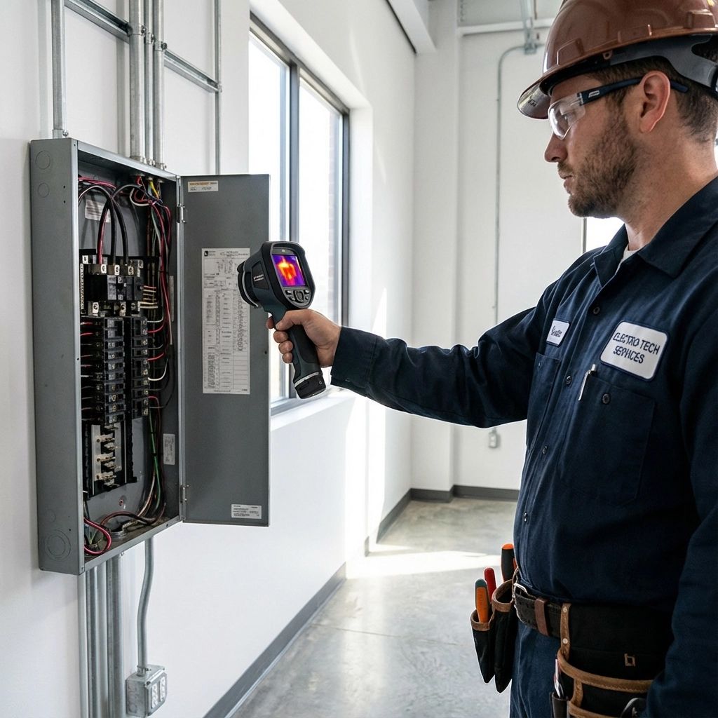 Electrician inspecting an open wall panel with a thermal camera in a bright industrial room