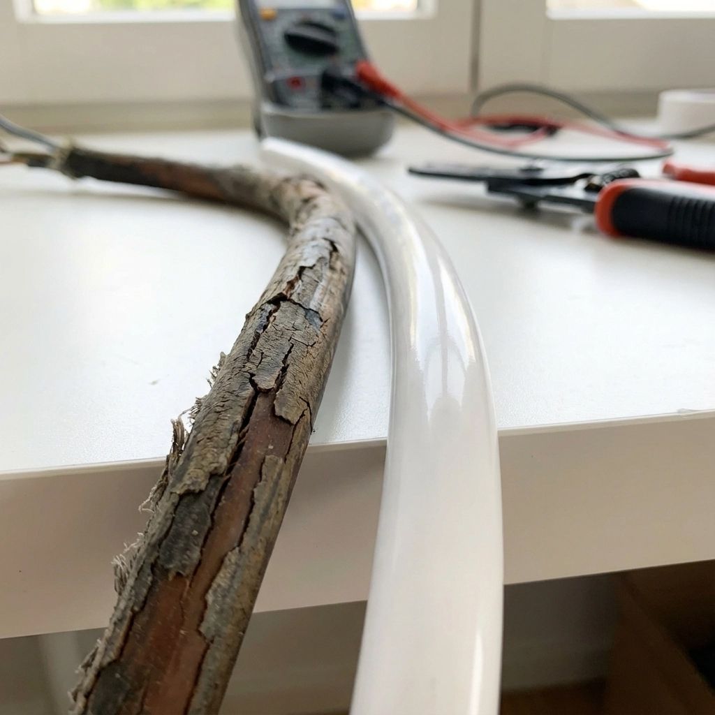 Frayed damaged cable on a white desk with a clear tube and tools in the background